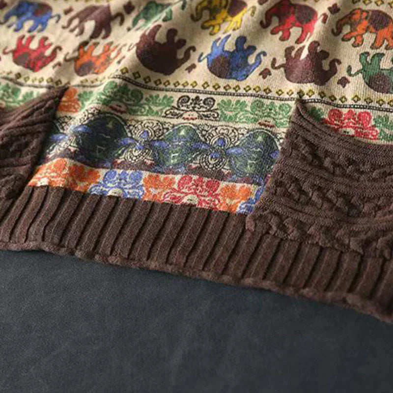 Buddha Stones Fall Elephant Pattern Knitted Cotton Women's Long Sleeve Sweater With Pockets