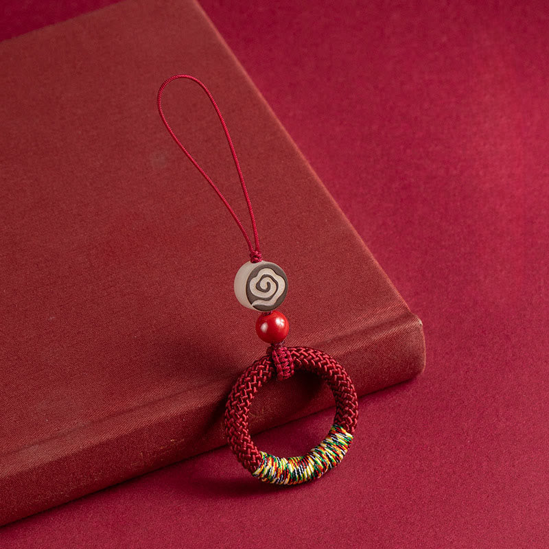 Buddha Stones Handwoven Colorful Thread String Buckle Ivory Fruit Cinnabar Key Chain Phone Hanging Decoration