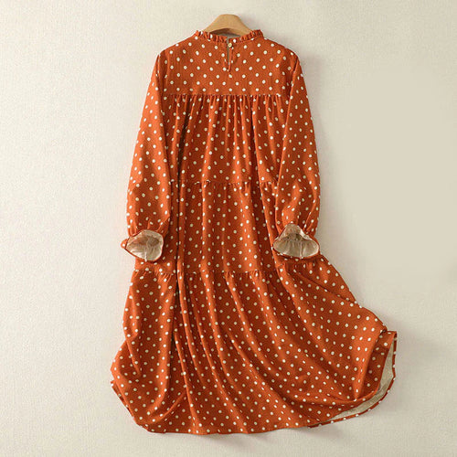 Buddha Stones Fall Polka Dot Design Crew Neck Long Sleeve Cotton Women's Midi Dress