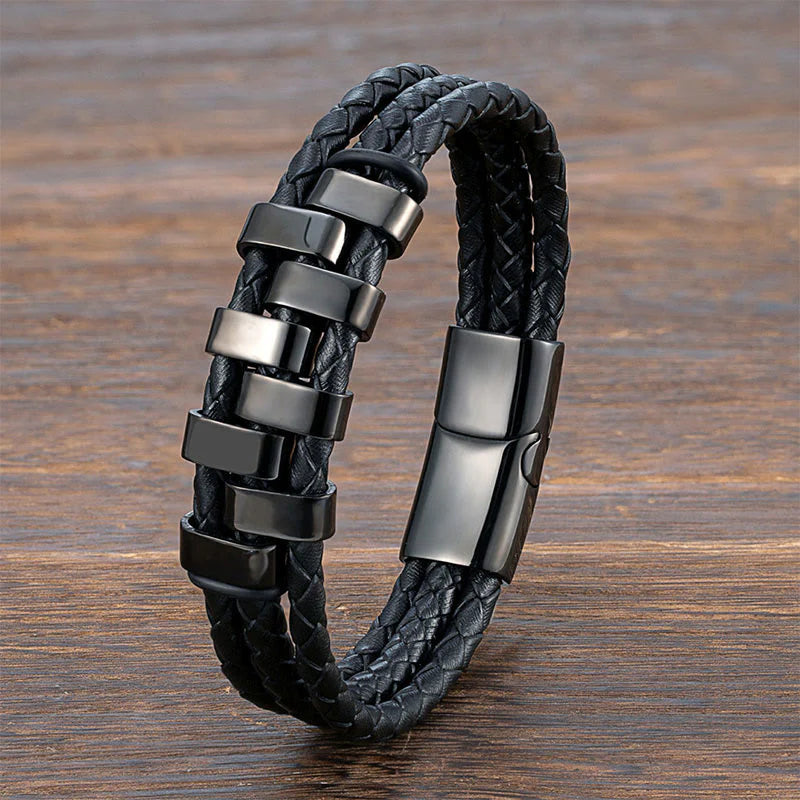 Buddha Stones Geometric Design Titanium Steel Leather Strengthen Bracelet