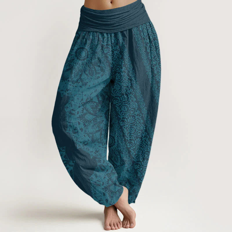 Buddha Stones Cotton Mandala Pattern Parallel Flowers Women's Elastic Waist Harem Pants