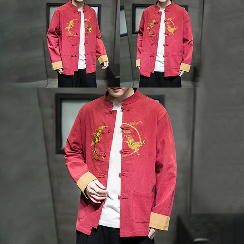 Buddha Stones Embroidery Cranes Pattern Frog-Button Men's Cotton Long Sleeve Jacket With Pockets