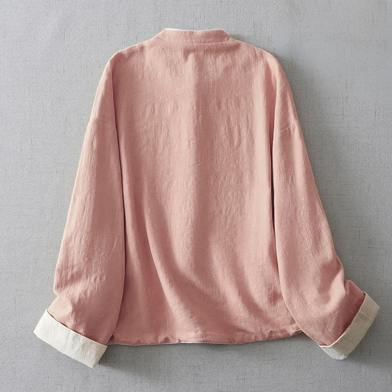 Buddha Stones Women's Plain Jacquard Stand Collar Long Sleeve Cotton Linen Jacket With Pockets