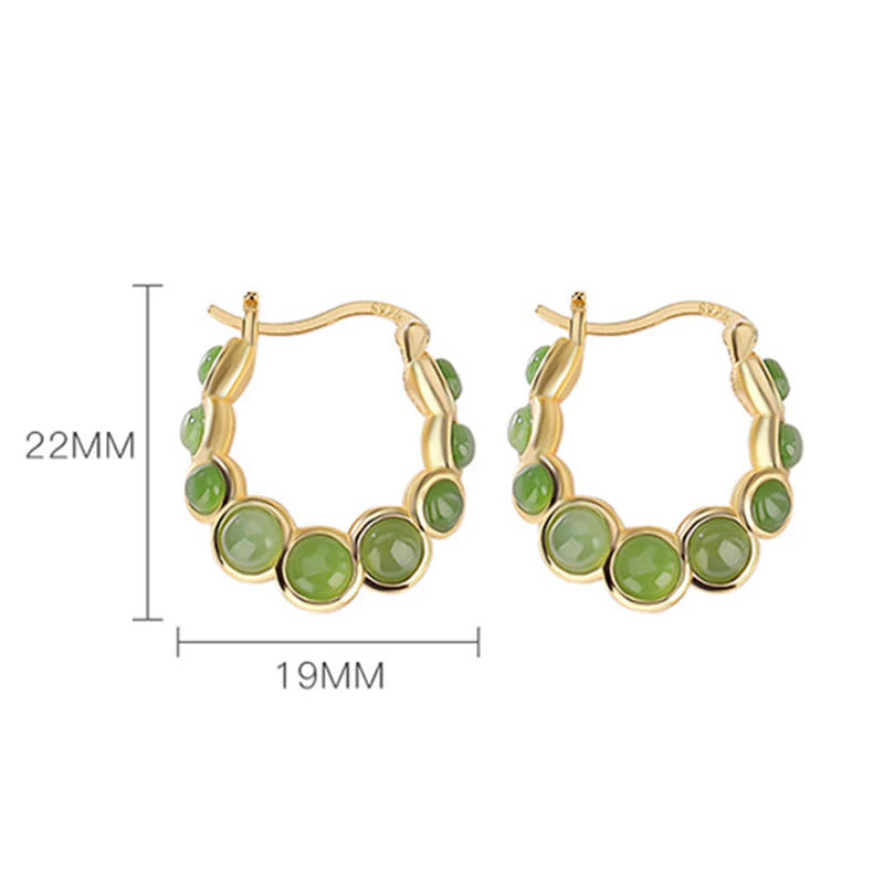 Buddha Stones 925 Sterling Silver Plated Gold Hetian Cyan Jade Pea Ear Clip Prosperity Earrings  (Extra 30% Off | USE CODE: FS30)