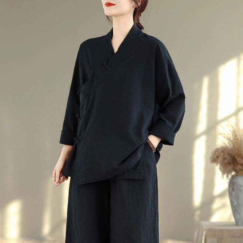 Buddha Stones 2Pcs V-Neck Long Sleeve Shirt Wide Leg Pants Zen Meditation Women's Set