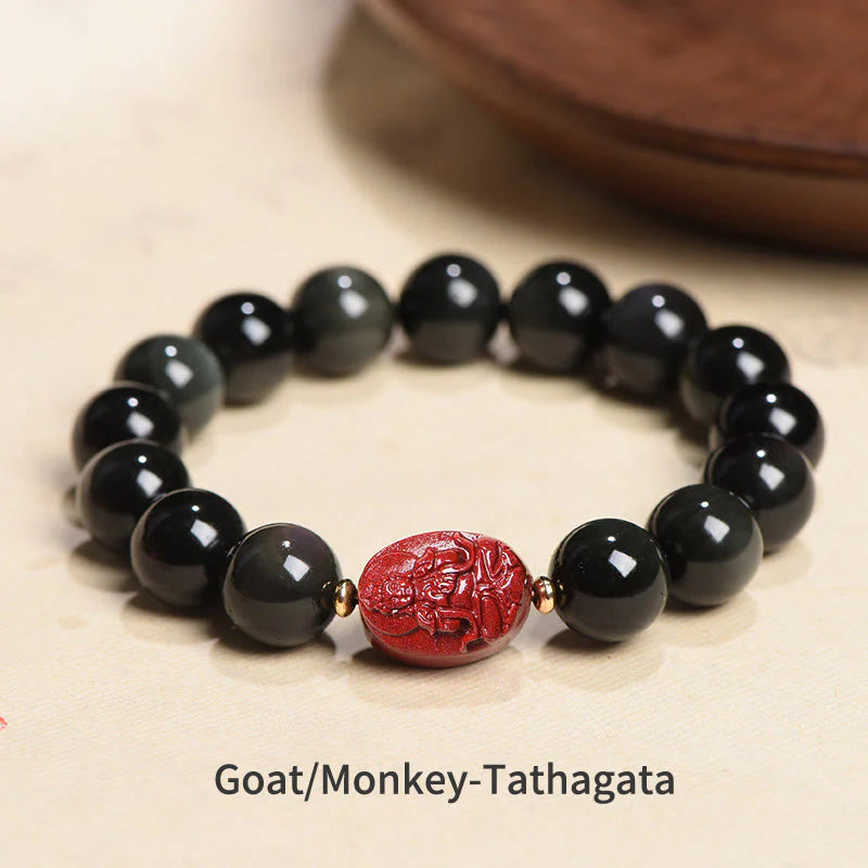 Buddha Stones Chinese Zodiac Natal Buddha Natural Black Obsidian Cinnabar Purification Bracelet (Extra 35% Off | USE CODE: FS35)