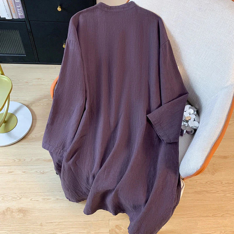 Buddha Stones Casual Women's Plain Frog-Button Stand Collar Design Long Sleeve Shirt