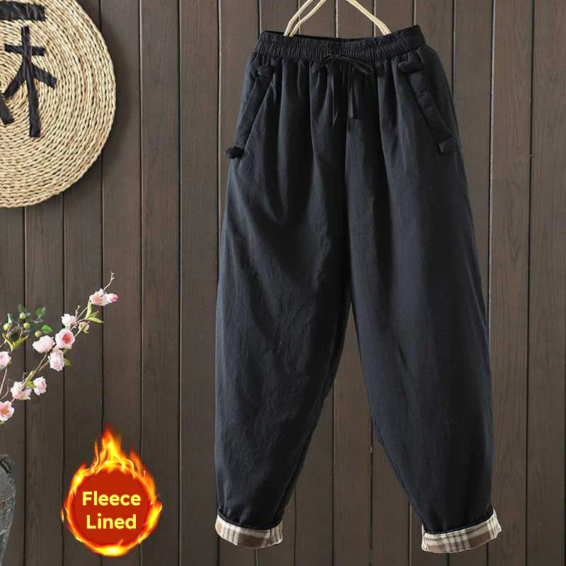 Buddha Stones Women's Winter Drawstring Fleece-Lined Thermal Harem Pants With Pockets