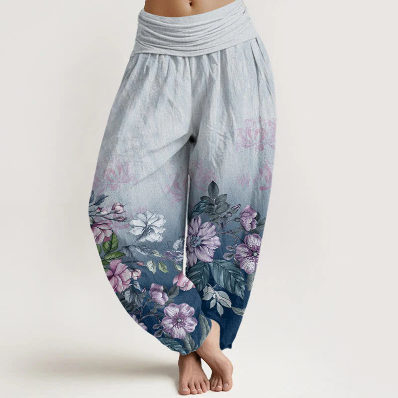Buddha Stones Cotton Casual Gradient Petals Leaves Pattern Women's Elastic Waist Harem Pants