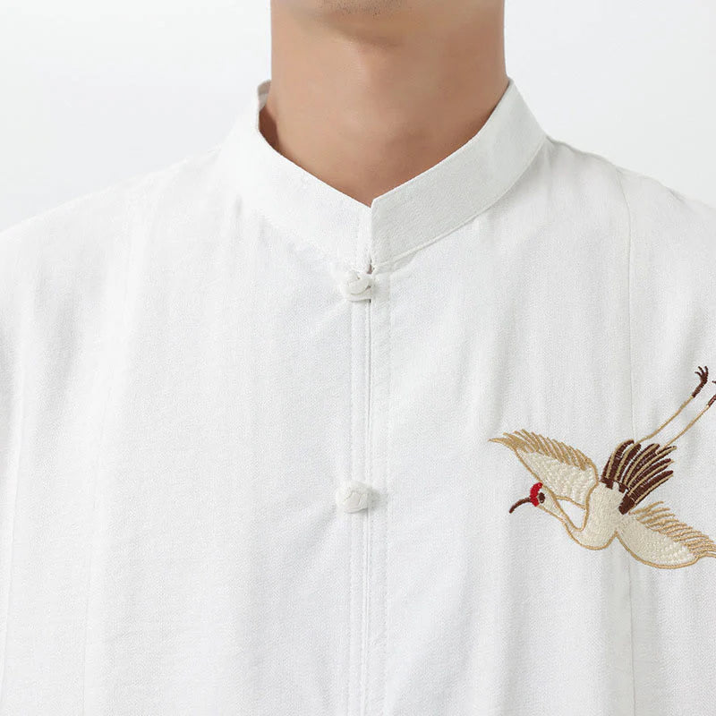 Buddha Stones Embroidery Buttons Half Sleeve Design Stand Collar Men's Cotton Shirt