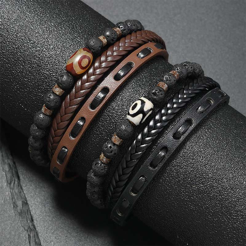Buddha Stones Dzi Bead Lava Rock Multilayered Braided Leather Wealth Bracelet