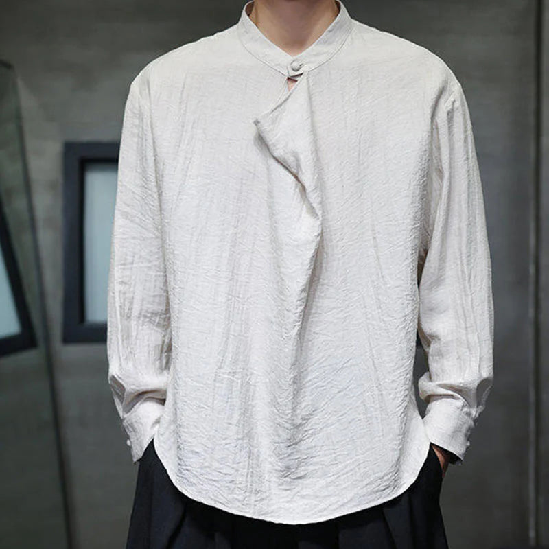 Buddha Stones Spring Solid Color Pleated Stand Collar Design Tang Suit Men's Long Sleeve Linen Shirt