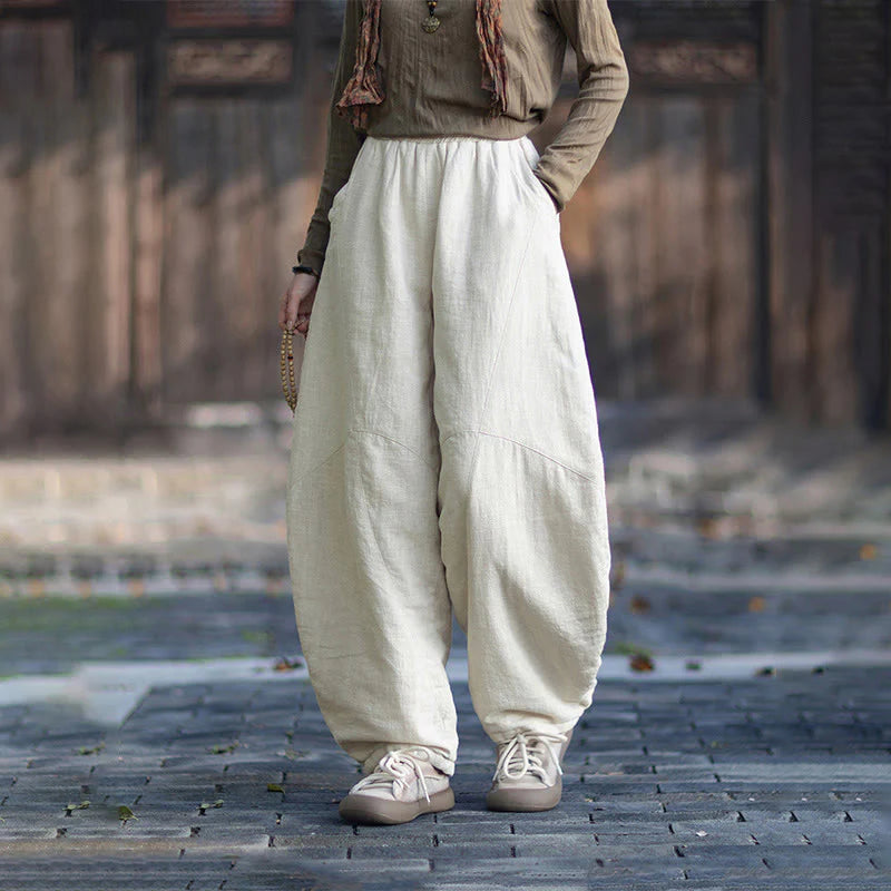 Buddha Stones Winter Elastic Waist Ramie Cotton Thermal Women's Pants With Pockets