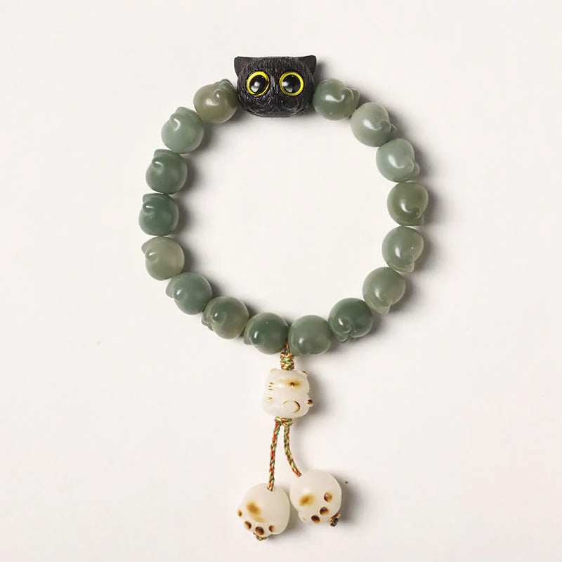 Buddha Stones Natural Bodhi Seed Lovely Paw Ebony Wood Lucky Cat Wisdom Bracelet