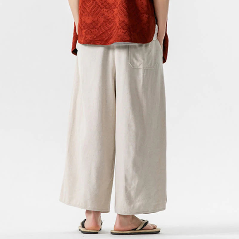 Buddha Stones Summer Plain Drawstring Design Linen Cotton Men's 7-8 Length Pants With Pockets