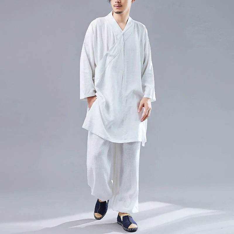 Buddha Stones 2Pcs V-Neck Men's Long Sleeve Shirt Top Pants Meditation Zen Tai Chi Cotton Linen Clothing Set