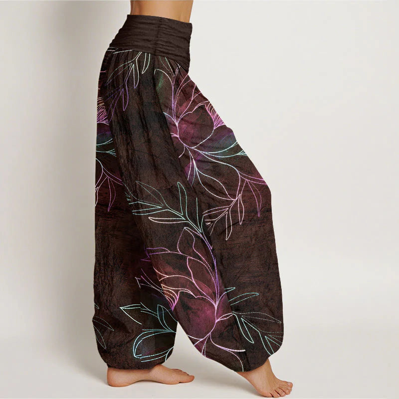 Buddha Stones Cotton Neon Lotus Branches Pattern Women's Elastic Waist Harem Pants