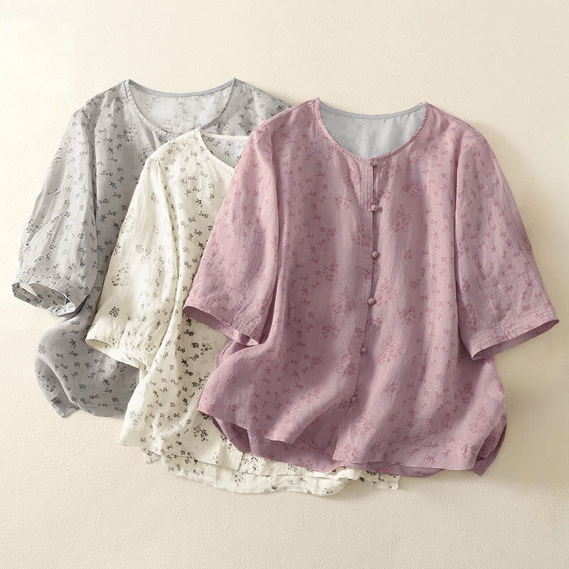 Buddha Stones Casual Floral Print Pattern Three Quarter Sleeve Women's Buttons Shirt