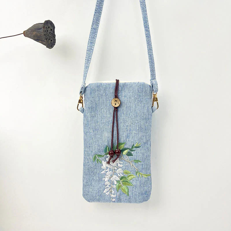Buddha Stones Small Embroidered Flowers Crossbody Bag Shoulder Bag Cellphone Bag 11*20cm