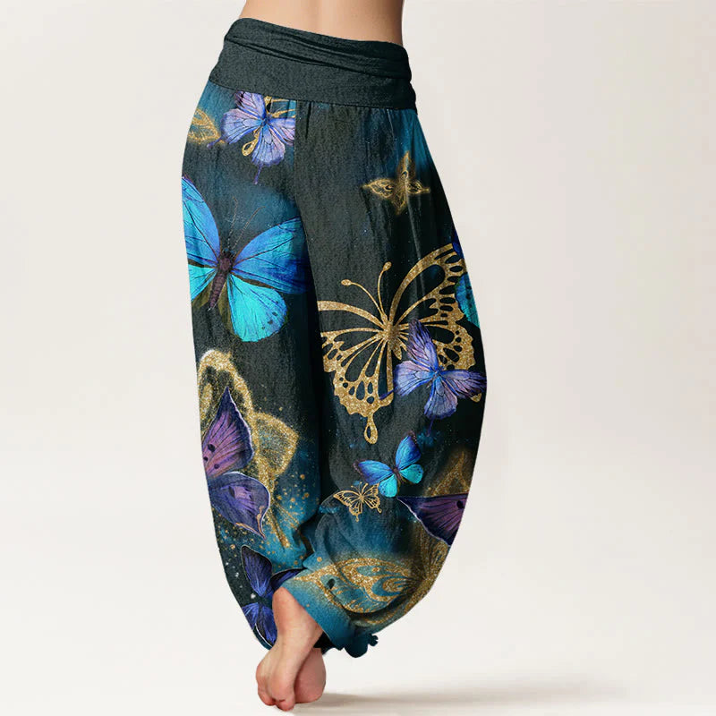 Buddha Stones Cotton Casual Butterfly Gold Pattern Women's Elastic Waist Harem Pants