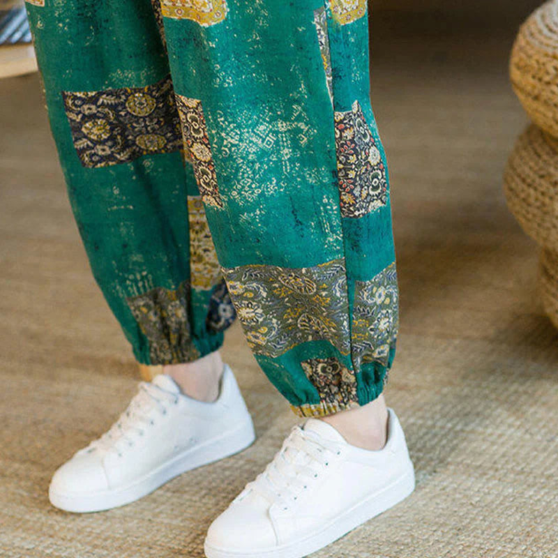 Buddha Stones Summer Square Patchwork Cotton Linen Men's Ankle-Length Harem Pants With Pockets
