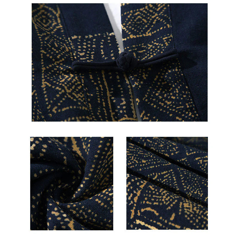 Buddha Stones Geometry Floral Stripes Butterfly Ink Open Front Half Sleeve Jacket Cotton Men's Kimono
