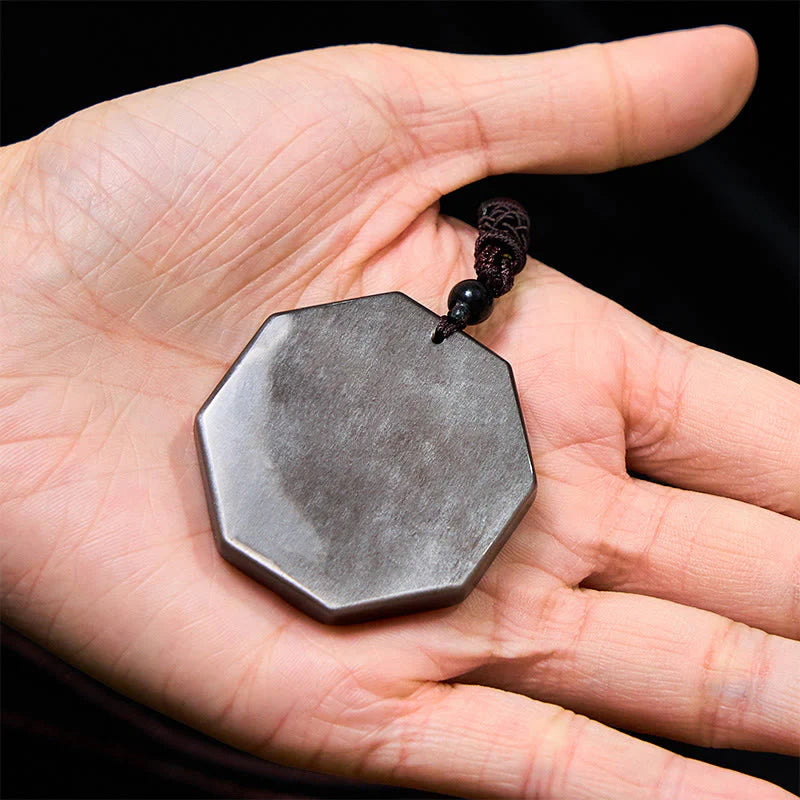 Buddha Stones Silver Sheen Obsidian Bagua Yin Yang Symbol Protection Necklace Pendant