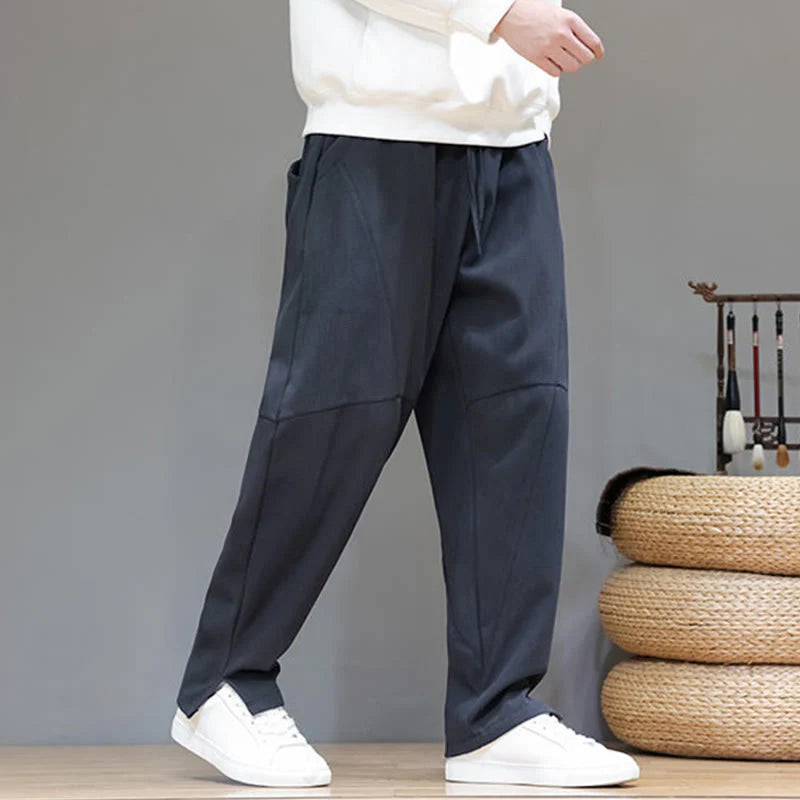 Buddha Stones Winter Solid Color Fleece-lined Men's Cotton Linen Pants With Pockets