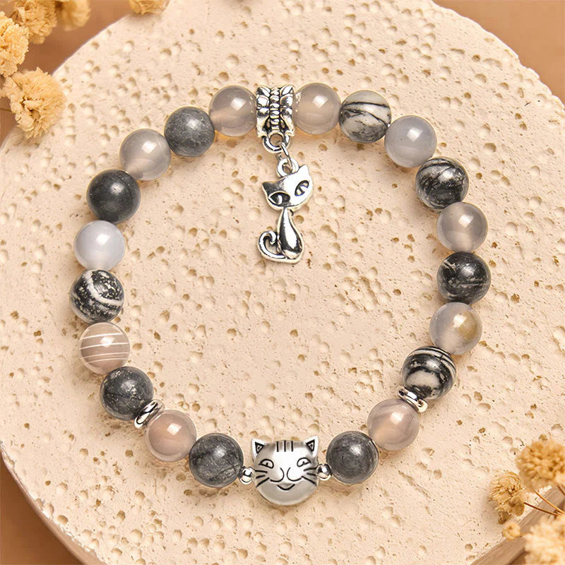 Buddha Stones Birman Cat Natural Grey Jasper Agate Bead Healing Bracelet
