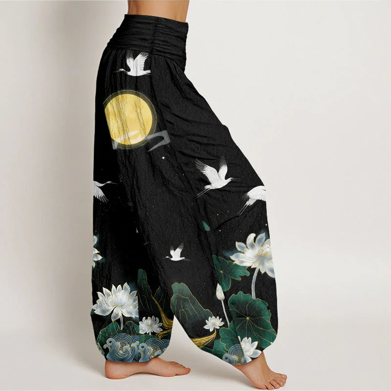 Buddha Stones Pure Cotton Crane Blooming Lotus Moon Mountain Women's Elastic Waist Harem Pants