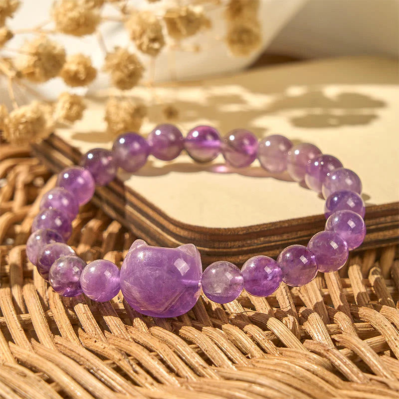 Buddha Stones Wishing You Clarity and Calm Cute Cat Amethyst Bracelet Includes Gift Message Card