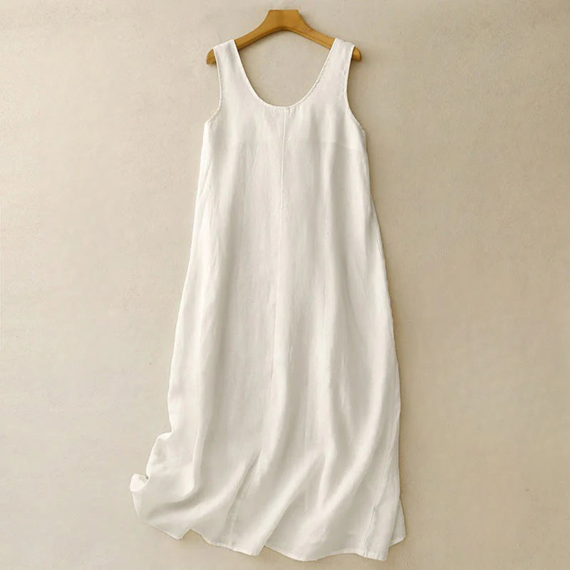 Buddha Stones Summer Daily Casual Pure Color Crew Neck Simple Design Sleeveless Midi Dress With Pockets