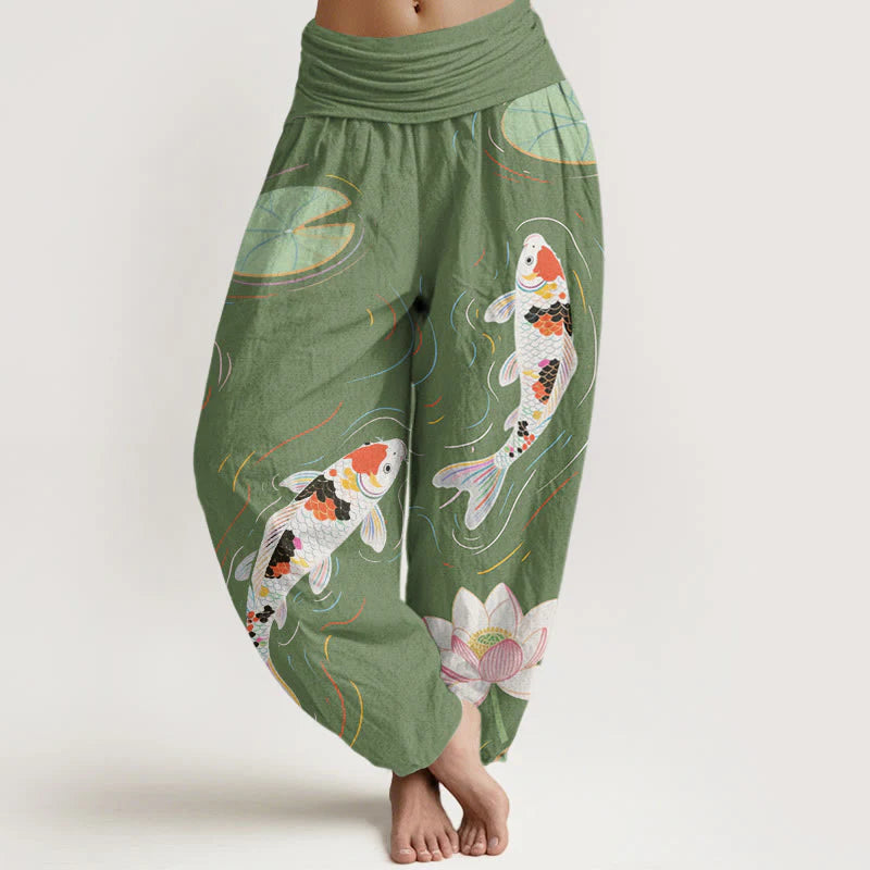 Buddha Stones Cotton Lotus Flower Lotus Leaves Koi Fish Water Ripples Pattern Women's Elastic Waist Harem Pants