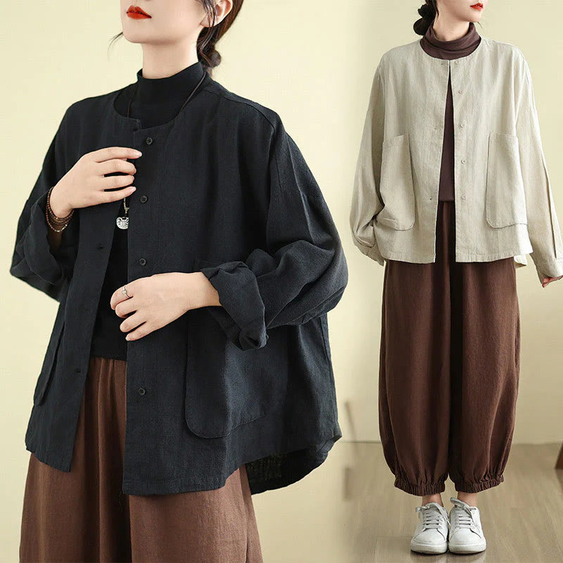Buddha Stones Plain Design Long Sleeve Women's Cotton Linen Jacket With Pockets
