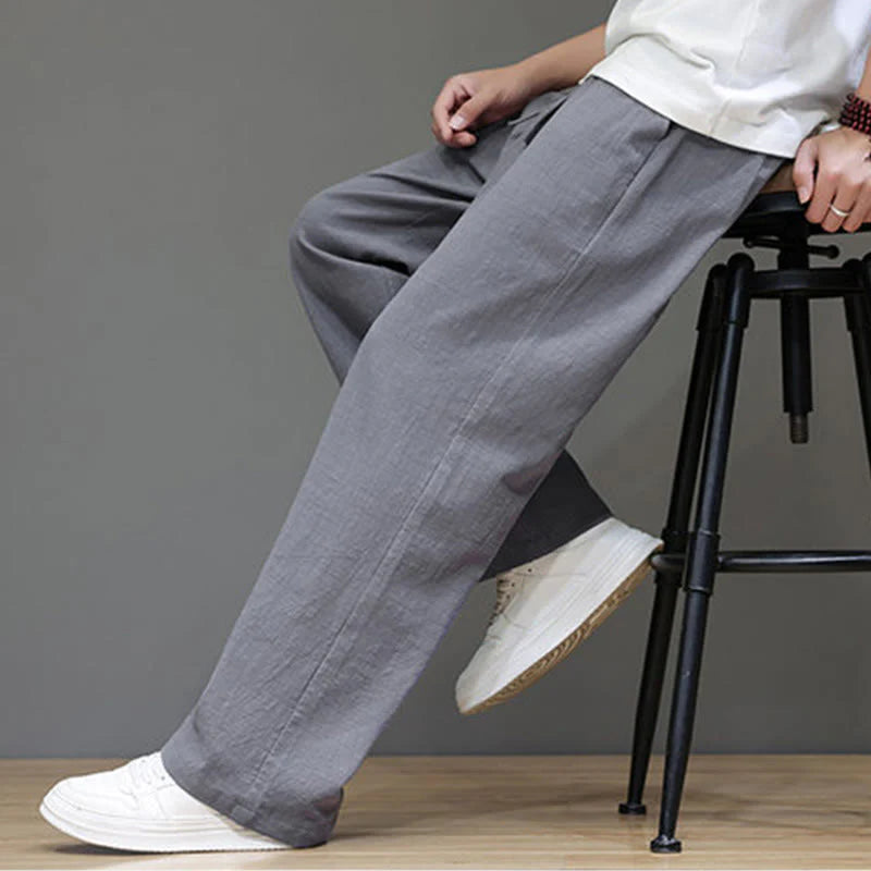 Buddha Stones Summer Men's Cotton Linen Straight Leg Pants With Pockets