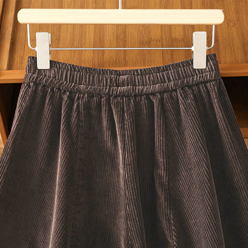 Buddha Stones Plain Elastic Waist Women's Cropped 7-8 Length Wide Leg Corduroy Pants