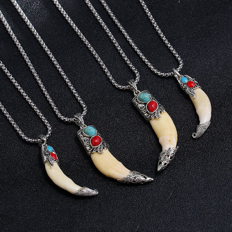 Buddha Stones Imitation Wolf Tooth Titanium Steel Balance Necklace Pendant