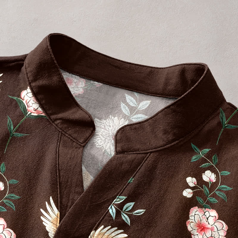 Buddha Stones Cotton Crane Floral Print Men's Short Sleeve Half Button Shirt