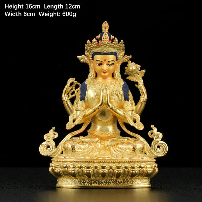 Buddha Stones Chenrezig Four-armed Avalokitesvara Protection Copper Gold Plated Statue Decoration