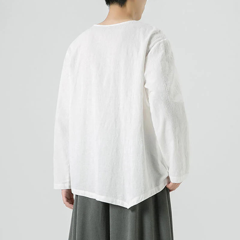 Buddha Stones Men's Chinese Frog-Button Plain Design Cotton Long Sleeve T-Shirt Zen Clothing