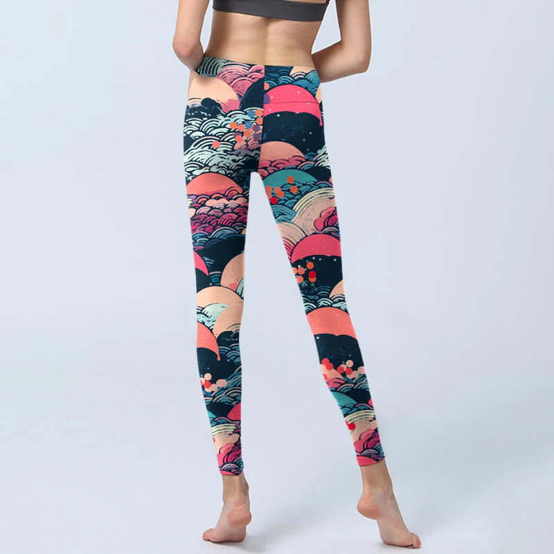 Buddha Stones Colorful Ocean Waves Print Gym Leggings Women's Yoga Pants