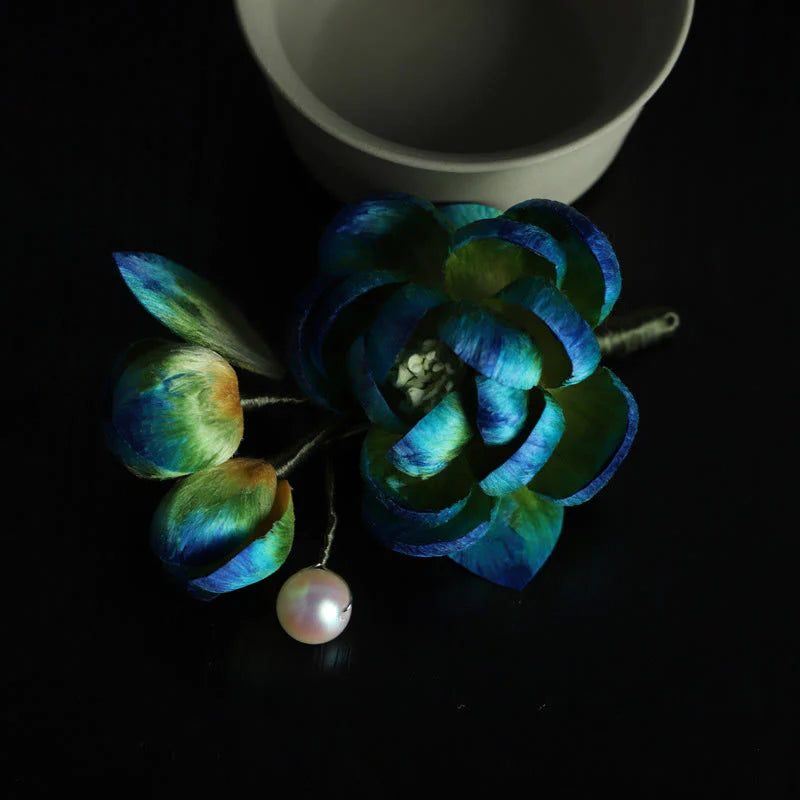 Buddha Stones Handmade Silk Art Velvet Camellia Blessing Protection Brooch