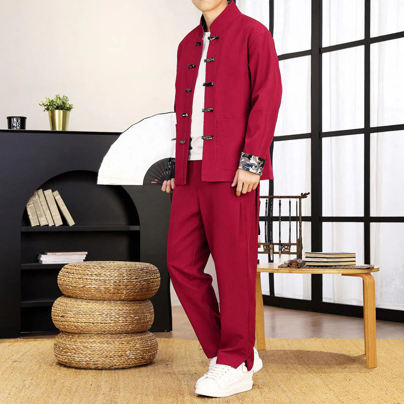 Buddha Stones 2Pcs Tang Suit Frog-Button Men's Waves Long Sleeve Shirt Pants Clothing Set