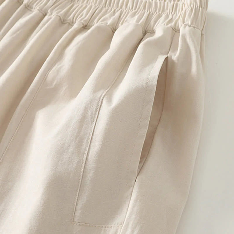 Buddha Stones Spring Solid Color Elastic Waist Cotton Women's Straight Leg Pants With Pockets