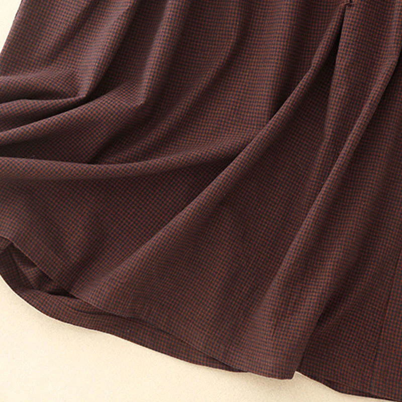 Buddha Stones Fall Brown Plaid Stand Collar Frog-Button Design Long Sleeve Midi Dress With Pockets