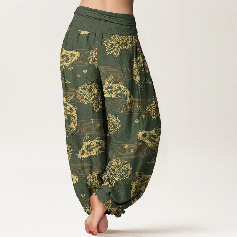 Buddha Stones Cotton Exquisite Koi Fish Flowers Leaves Curve Pattern Women's Elastic Waist Harem Pants