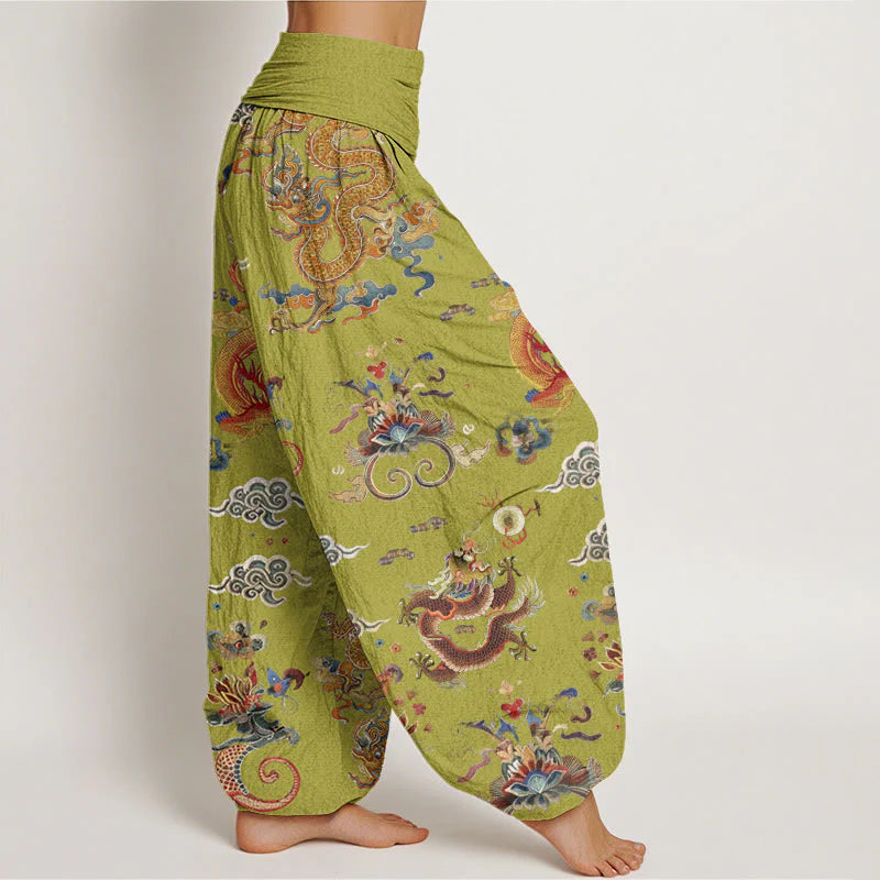 Buddha Stones Cotton Golden Dragons Auspicious Clouds Design Women's Elastic Waist Harem Pants