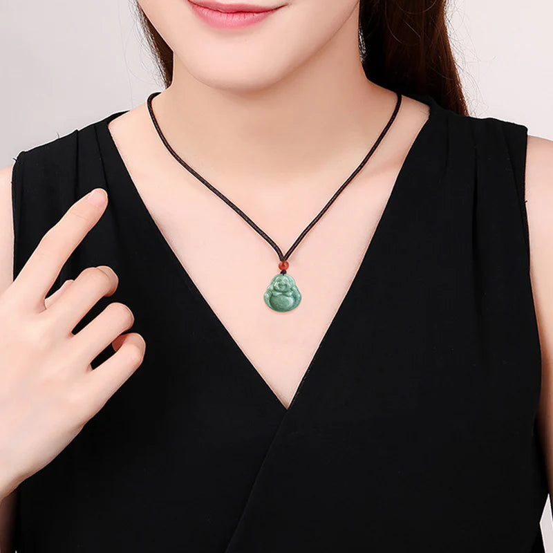 Buddha Stones Laughing Buddha Cyan Jade Success Necklace String Pendant