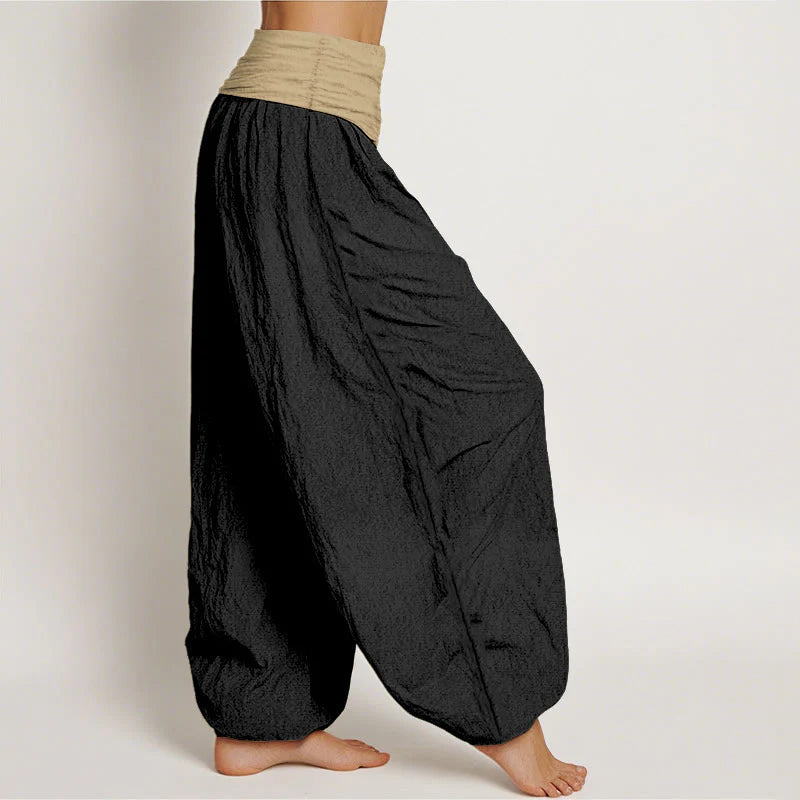 Buddha Stones Cotton Brown Blue Black Solid Color Women's Elastic Waist Harem Pants