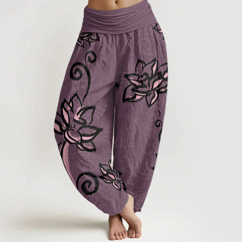 Buddha Stones Pure Cotton Casual Lotus Auspicious Clouds Design Women's Elastic Waist Harem Pants